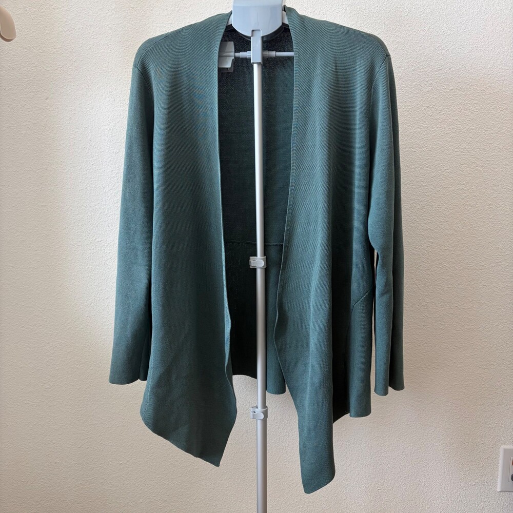 Eileen Fisher XL Green Knit Cardigan Open Front Long Sleeve Sweater Silk Cotton